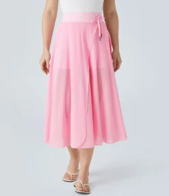 Maxi & Midi Skirts|Skirts<HALARA High Waisted Drawstring Contrast Mesh 2-in-1 Pocket Flowy Midi Flare Casual Skirt
