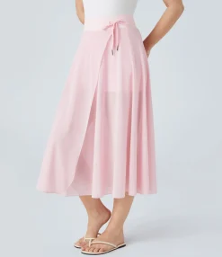 Maxi & Midi Skirts|Skirts<HALARA High Waisted Drawstring Contrast Mesh 2-in-1 Pocket Flowy Midi Flare Casual Skirt