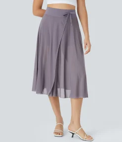 Maxi & Midi Skirts|Skirts<HALARA High Waisted Drawstring Contrast Mesh 2-in-1 Pocket Flowy Midi Flare Casual Skirt