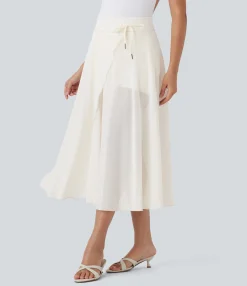 Maxi & Midi Skirts|Skirts<HALARA High Waisted Drawstring Contrast Mesh 2-in-1 Pocket Flowy Midi Flare Casual Skirt