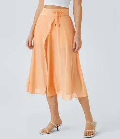 Maxi & Midi Skirts|Skirts<HALARA High Waisted Drawstring Contrast Mesh 2-in-1 Pocket Flowy Midi Flare Casual Skirt