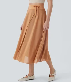 Maxi & Midi Skirts|Skirts<HALARA High Waisted Drawstring Contrast Mesh 2-in-1 Pocket Flowy Midi Flare Casual Skirt