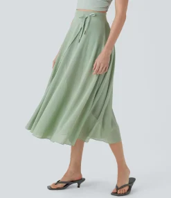 Maxi & Midi Skirts|Skirts<HALARA High Waisted Drawstring Contrast Mesh 2-in-1 Pocket Flowy Midi Flare Casual Skirt