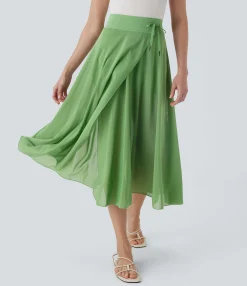 Maxi & Midi Skirts|Skirts<HALARA High Waisted Drawstring Contrast Mesh 2-in-1 Pocket Flowy Midi Flare Casual Skirt