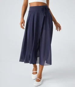 Maxi & Midi Skirts|Skirts<HALARA High Waisted Drawstring Contrast Mesh 2-in-1 Pocket Flowy Midi Flare Casual Skirt