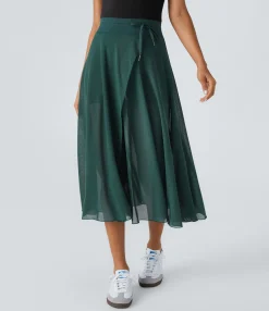 Maxi & Midi Skirts|Skirts<HALARA High Waisted Drawstring Contrast Mesh 2-in-1 Pocket Flowy Midi Flare Casual Skirt