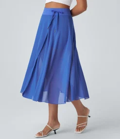 Maxi & Midi Skirts|Skirts<HALARA High Waisted Drawstring Contrast Mesh 2-in-1 Pocket Flowy Midi Flare Casual Skirt