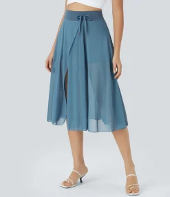 Maxi & Midi Skirts|Skirts<HALARA High Waisted Drawstring Contrast Mesh 2-in-1 Pocket Flowy Midi Flare Casual Skirt