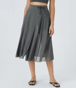 Maxi & Midi Skirts|Skirts<HALARA High Waisted Drawstring Contrast Mesh 2-in-1 Pocket Flowy Midi Flare Casual Skirt