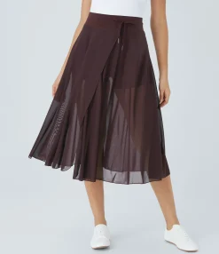 Maxi & Midi Skirts|Skirts<HALARA High Waisted Drawstring Contrast Mesh 2-in-1 Pocket Flowy Midi Flare Casual Skirt