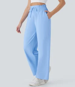 High-Waisted Pants|Straight-Leg Pants<HALARA High Waisted Drawstring Frill Pocket Straight Leg Cool Touch Yoga Pants-UPF50+