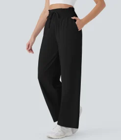 High-Waisted Pants|Straight-Leg Pants<HALARA High Waisted Drawstring Frill Pocket Straight Leg Cool Touch Yoga Pants-UPF50+