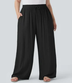 Plus Size<HALARA High Waisted Drawstring Linen-Feel Wide Leg Casual Plus Size Pants with Pockets