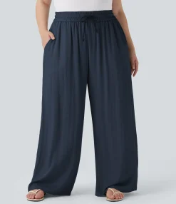 Plus Size<HALARA High Waisted Drawstring Linen-Feel Wide Leg Casual Plus Size Pants with Pockets