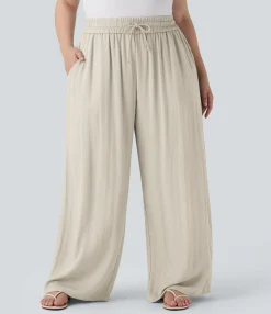 Plus Size<HALARA High Waisted Drawstring Linen-Feel Wide Leg Casual Plus Size Pants with Pockets