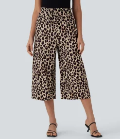 High-Waisted Pants|Wide-Leg Pants<HALARA High Waisted Drawstring Leopard Print Wide Leg Capri Casual Pants with Pockets