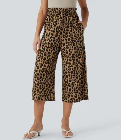 High-Waisted Pants|Wide-Leg Pants<HALARA High Waisted Drawstring Leopard Print Wide Leg Capri Casual Pants with Pockets