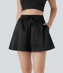Shorts<HALARA High Waisted Drawstring Pocket Loose Satin Casual Shorts
