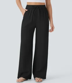 High-Waisted Pants|Wide-Leg Pants<HALARA High Waisted Drawstring Pocket Wide Leg Casual Linen-Feel Pants