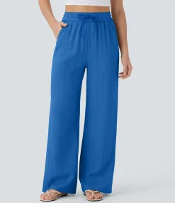 High-Waisted Pants|Wide-Leg Pants<HALARA High Waisted Drawstring Pocket Wide Leg Casual Linen-Feel Pants