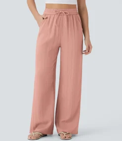High-Waisted Pants|Wide-Leg Pants<HALARA High Waisted Drawstring Pocket Wide Leg Casual Linen-Feel Pants