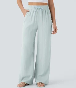High-Waisted Pants|Wide-Leg Pants<HALARA High Waisted Drawstring Pocket Wide Leg Casual Linen-Feel Pants
