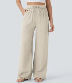 High-Waisted Pants|Wide-Leg Pants<HALARA High Waisted Drawstring Pocket Wide Leg Casual Linen-Feel Pants
