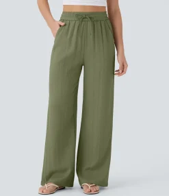 High-Waisted Pants|Wide-Leg Pants<HALARA High Waisted Drawstring Pocket Wide Leg Casual Linen-Feel Pants
