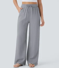 High-Waisted Pants|Wide-Leg Pants<HALARA High Waisted Drawstring Pocket Wide Leg Casual Linen-Feel Pants