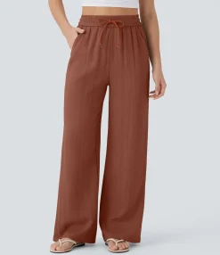 High-Waisted Pants|Wide-Leg Pants<HALARA High Waisted Drawstring Pocket Wide Leg Casual Linen-Feel Pants