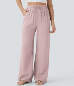 High-Waisted Pants|Wide-Leg Pants<HALARA High Waisted Drawstring Pocket Wide Leg Casual Linen-Feel Pants