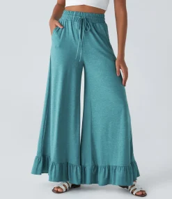 High-Waisted Pants|Wide-Leg Pants<HALARA High Waisted Drawstring Pocket Ruffle Wide Leg Casual Pants