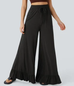 High-Waisted Pants|Wide-Leg Pants<HALARA High Waisted Drawstring Pocket Ruffle Wide Leg Casual Pants