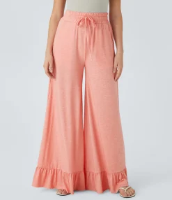 High-Waisted Pants|Wide-Leg Pants<HALARA High Waisted Drawstring Pocket Ruffle Wide Leg Casual Pants