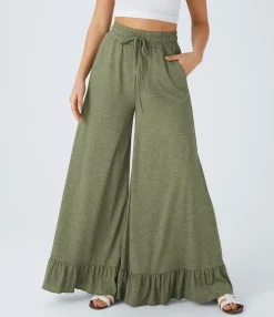 High-Waisted Pants|Wide-Leg Pants<HALARA High Waisted Drawstring Pocket Ruffle Wide Leg Casual Pants