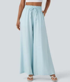 High-Waisted Pants|Pants<HALARA High Waisted Drawstring Pocket Wide Leg Casual Linen-Feel Pants