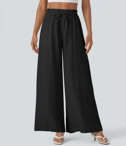 High-Waisted Pants|Pants<HALARA High Waisted Drawstring Pocket Wide Leg Casual Linen-Feel Pants