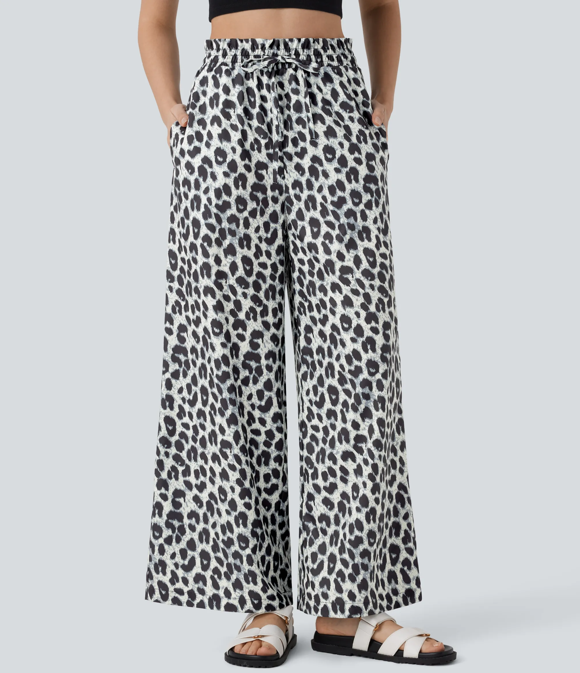 Wide-Leg Pants|High-Waisted Pants<HALARA High Waisted Drawstring Pocket Leopard Print Wide Leg Casual Pants