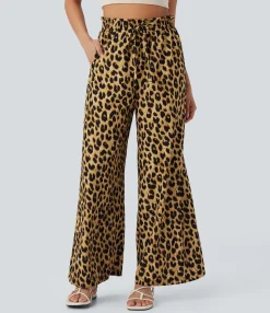 Wide-Leg Pants|High-Waisted Pants<HALARA High Waisted Drawstring Pocket Leopard Print Wide Leg Casual Pants