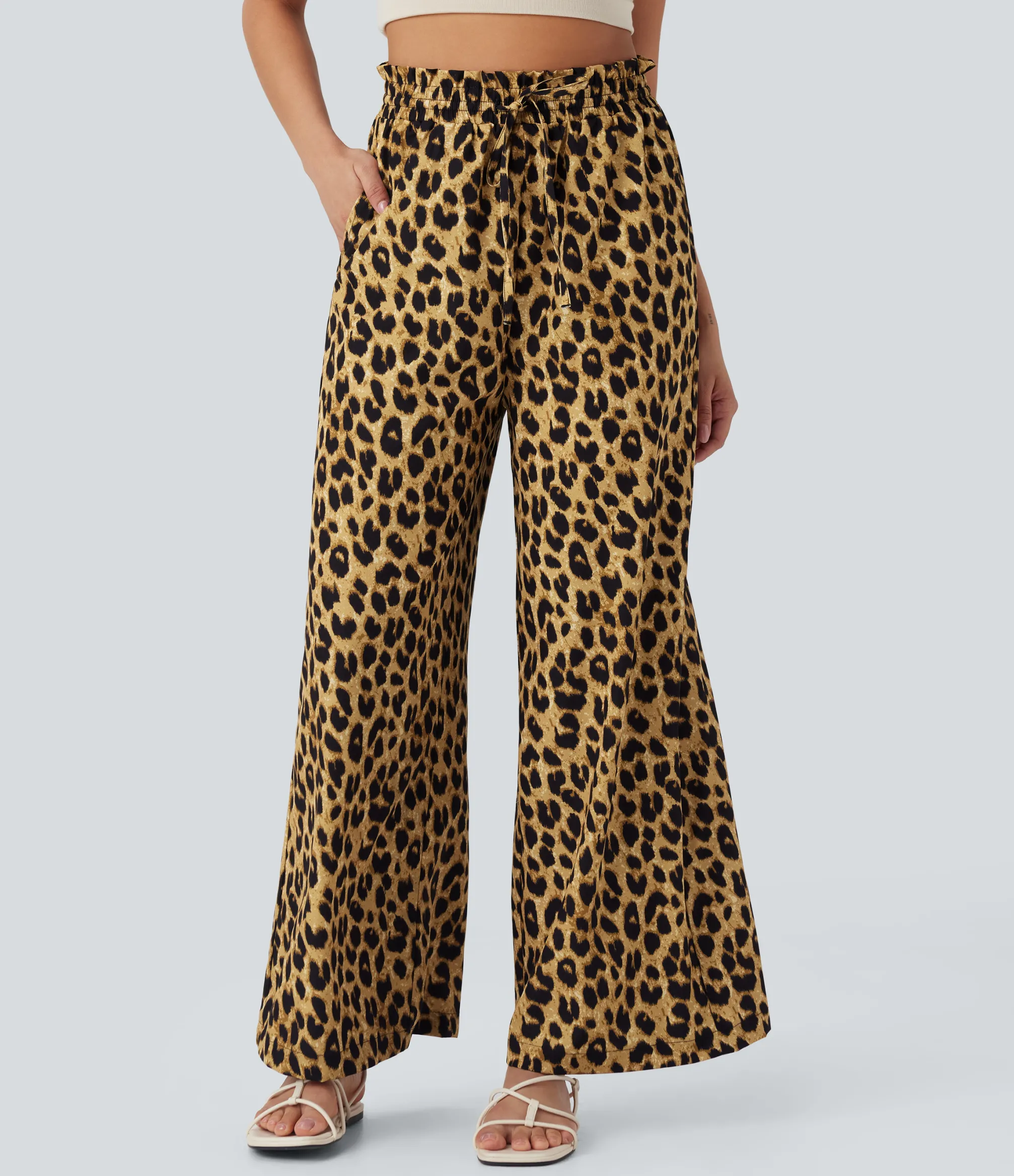 Wide-Leg Pants|High-Waisted Pants<HALARA High Waisted Drawstring Pocket Leopard Print Wide Leg Casual Pants