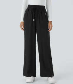 Pants|Wide-Leg Pants<HALARA High Waisted Drawstring Side Zip Pocket Wide Leg Casual Linen-Feel Pants