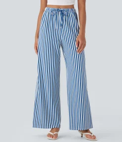 High-Waisted Pants|Wide-Leg Pants<HALARA High Waisted Drawstring Stripe Waffle Wide Leg Pants with Pockets