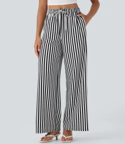 High-Waisted Pants|Wide-Leg Pants<HALARA High Waisted Drawstring Stripe Waffle Wide Leg Pants with Pockets