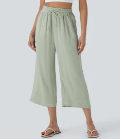 High-Waisted Pants|Wide-Leg Pants<HALARA High Waisted Drawstring Wide Leg Cropped Casual Linen-Feel Pants with Pockets
