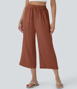 High-Waisted Pants|Wide-Leg Pants<HALARA High Waisted Drawstring Wide Leg Cropped Casual Linen-Feel Pants with Pockets