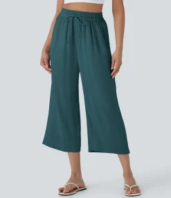 High-Waisted Pants|Wide-Leg Pants<HALARA High Waisted Drawstring Wide Leg Cropped Casual Linen-Feel Pants with Pockets