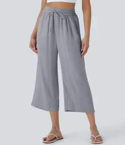 High-Waisted Pants|Wide-Leg Pants<HALARA High Waisted Drawstring Wide Leg Cropped Casual Linen-Feel Pants with Pockets