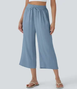 High-Waisted Pants|Wide-Leg Pants<HALARA High Waisted Drawstring Wide Leg Cropped Casual Linen-Feel Pants with Pockets