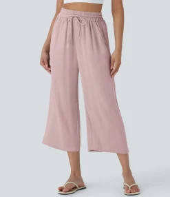 High-Waisted Pants|Wide-Leg Pants<HALARA High Waisted Drawstring Wide Leg Cropped Casual Linen-Feel Pants with Pockets