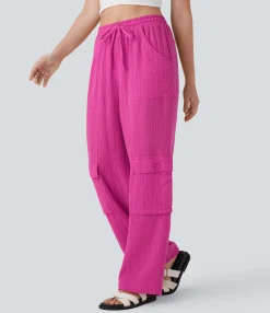Pants|Cargo Pants<HALARA High Waisted Drawstring Wide Leg Cargo Casual Cotton Pants with Pockets